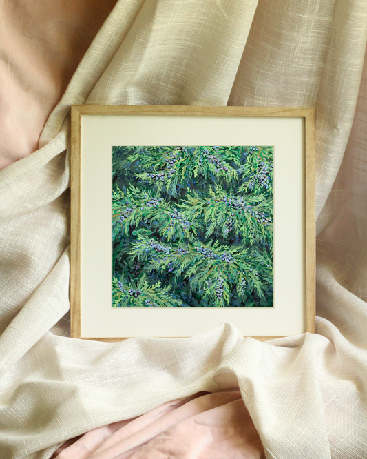 Juniper Berries – Deep green botanical canvas print with navy and dusty blue berries, inspired by ancient Roman garden mural art.