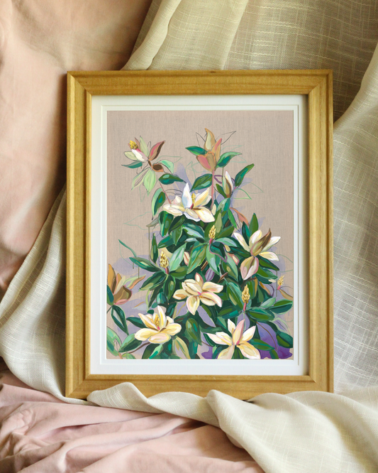 Feminine magnolia floral print on linen canvas, archival quality