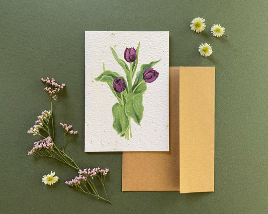 purple tulip seed card with envelope – plantable wildflower paper