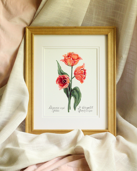 Feminine botanical wall art featuring painted tulips on watercolor paper