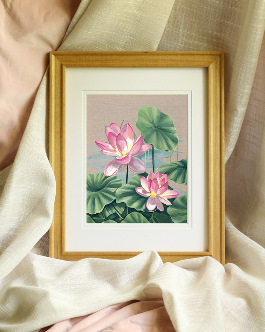 Feminine water lilies floral print on linen canvas, archival quality