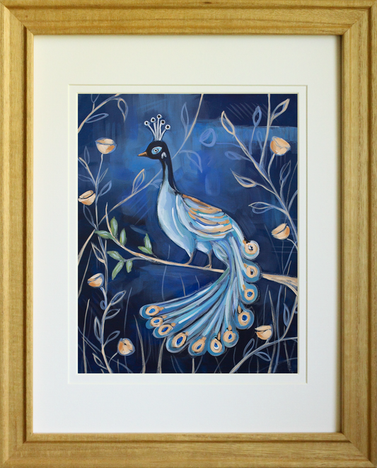 Royal Peacock – Bold royal blue bird canvas print inspired by Pompeii murals, part of a Roman antiquity bird triptych.