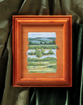 Load image into Gallery viewer, custom framed wood panel original of the blue ridge mountains and a river island with trees. Acrylic original painting by meredith raiford akins
