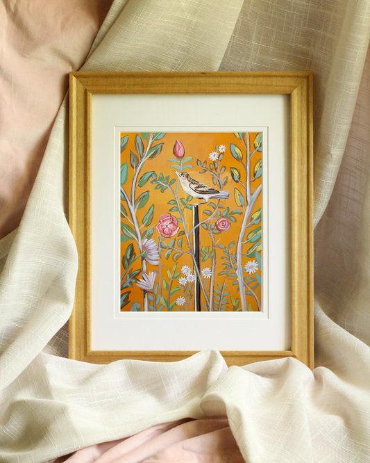 Saffron Songbird – Golden bird and floral canvas inspired by Pompeii, with a saffron yellow background and roses in the foreground.