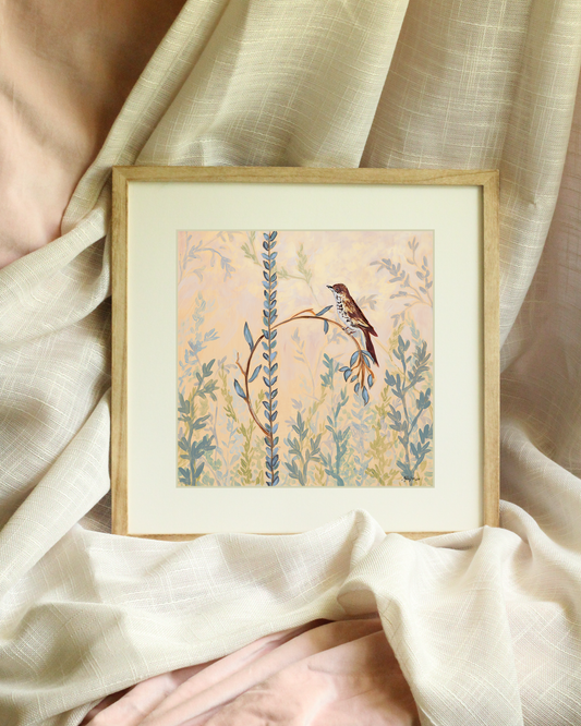 Morning Songbird – Soft botanical canvas print featuring a bird and vines in morning light, inspired by ancient Roman filigree near Pompeii.