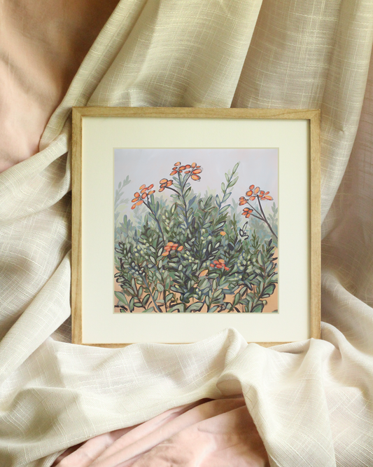 Roman Wildflowers – Coral wildflower and grass painting on a soft blue background, inspired by botanical murals from Pompeii.