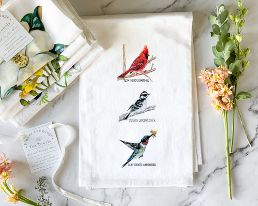 Backyard Birds Tea Towel - Cardinal, Woodpecker, Hummingbird