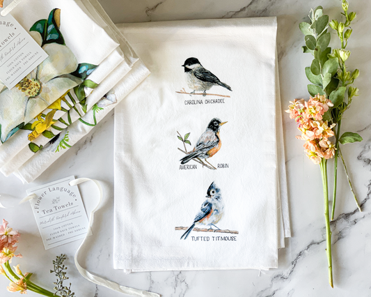 Backyard Birds Tea Towel - Chickadee, Robin, Tufted Titmouse