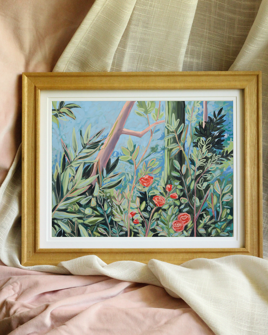 The Wilds of Rome – Colorful botanical jungle canvas print with bold brushstrokes and vivid plant forms, inspired by Roman mural traditions.
