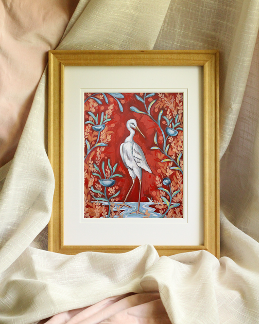Crimson Crane – Bright red crane canvas print with blue floral borders, inspired by ancient Pompeii murals and Roman decorative art.