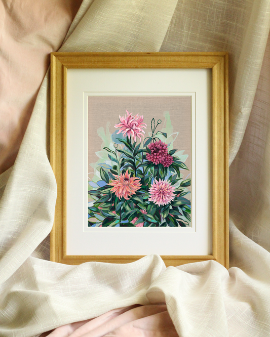 Feminine dahlia floral print on linen canvas, archival quality