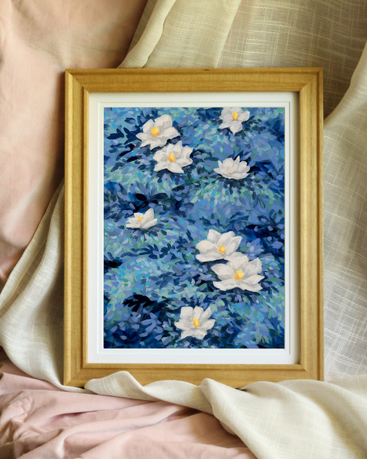 Gardenias – Romantic botanical art print on canvas featuring white flowers and deep blue background, inspired by Roman frescoes.