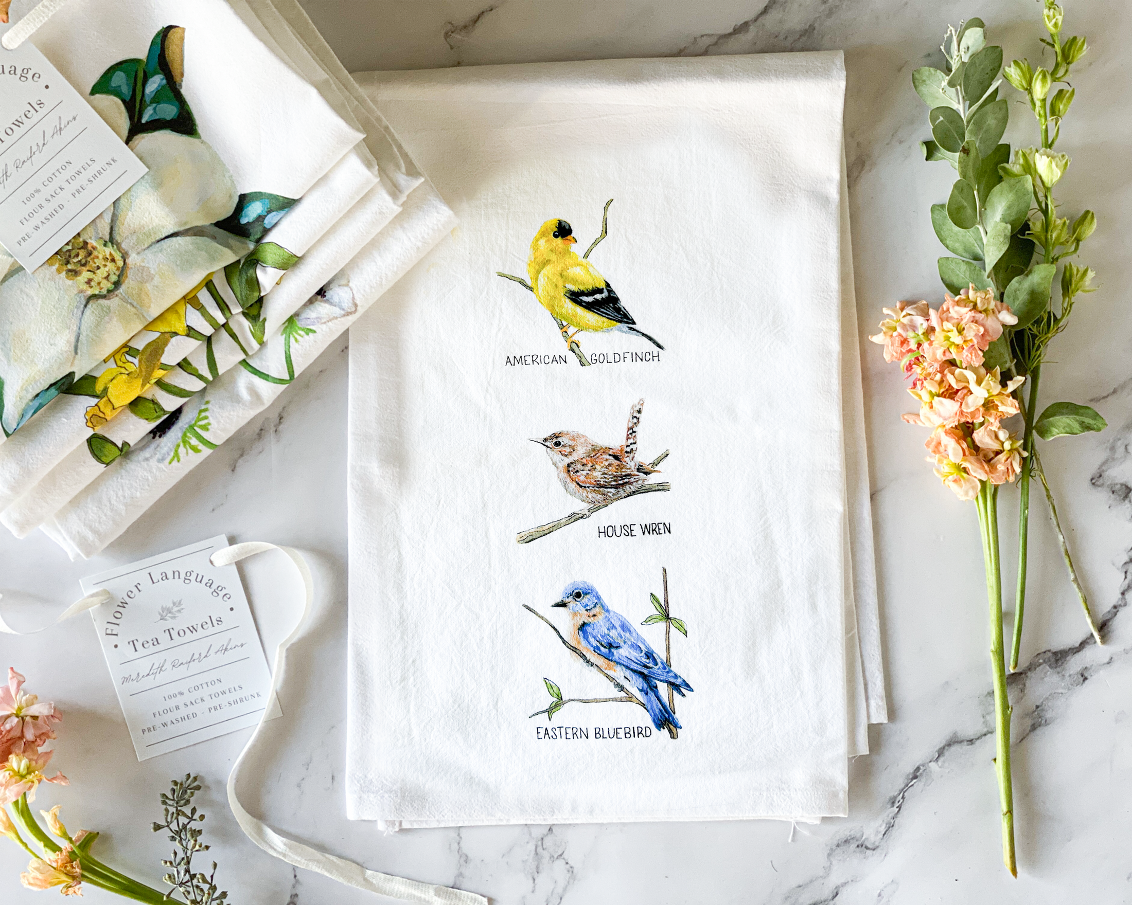 Backyard Birds Tea Towel - Goldfinch, House Wren, Bluebird