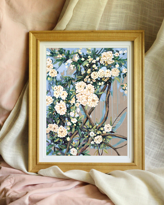 Floral wall art on canvas – feminine white rose painting