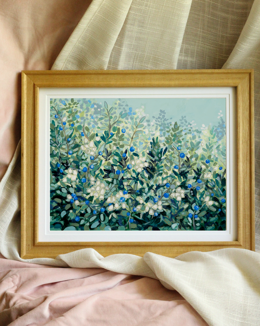 Budding Blueberries – Soft botanical canvas print inspired by Pompeii murals, featuring delicate blueberry branches and a light, airy palette.