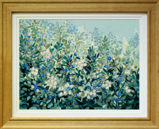 Budding Blueberries – Soft botanical canvas print inspired by Pompeii murals, featuring delicate blueberry branches and a light, airy palette.