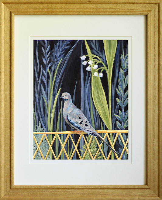 A Peaceful Night – Dove and botanical canvas print with navy background, blue foliage, and lily of the valley.