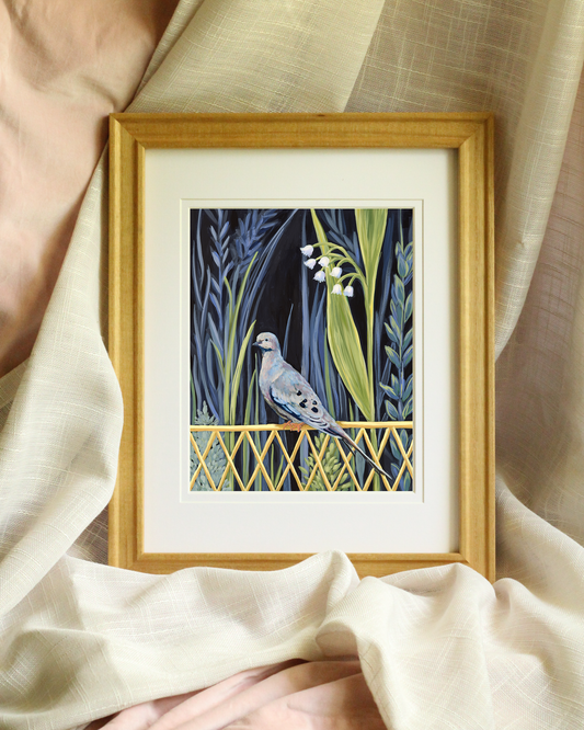 A Peaceful Night – Dove and botanical canvas print with navy background, blue foliage, and lily of the valley.