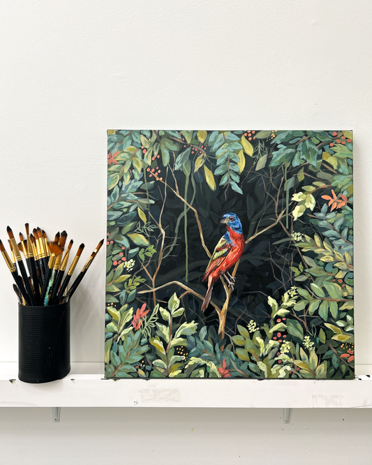 20x20 original canvas painting of a painted bunting in a hidden pocket of foliage, vibrant and dreamy, titled “Painted Bunting in the Secret Garden”