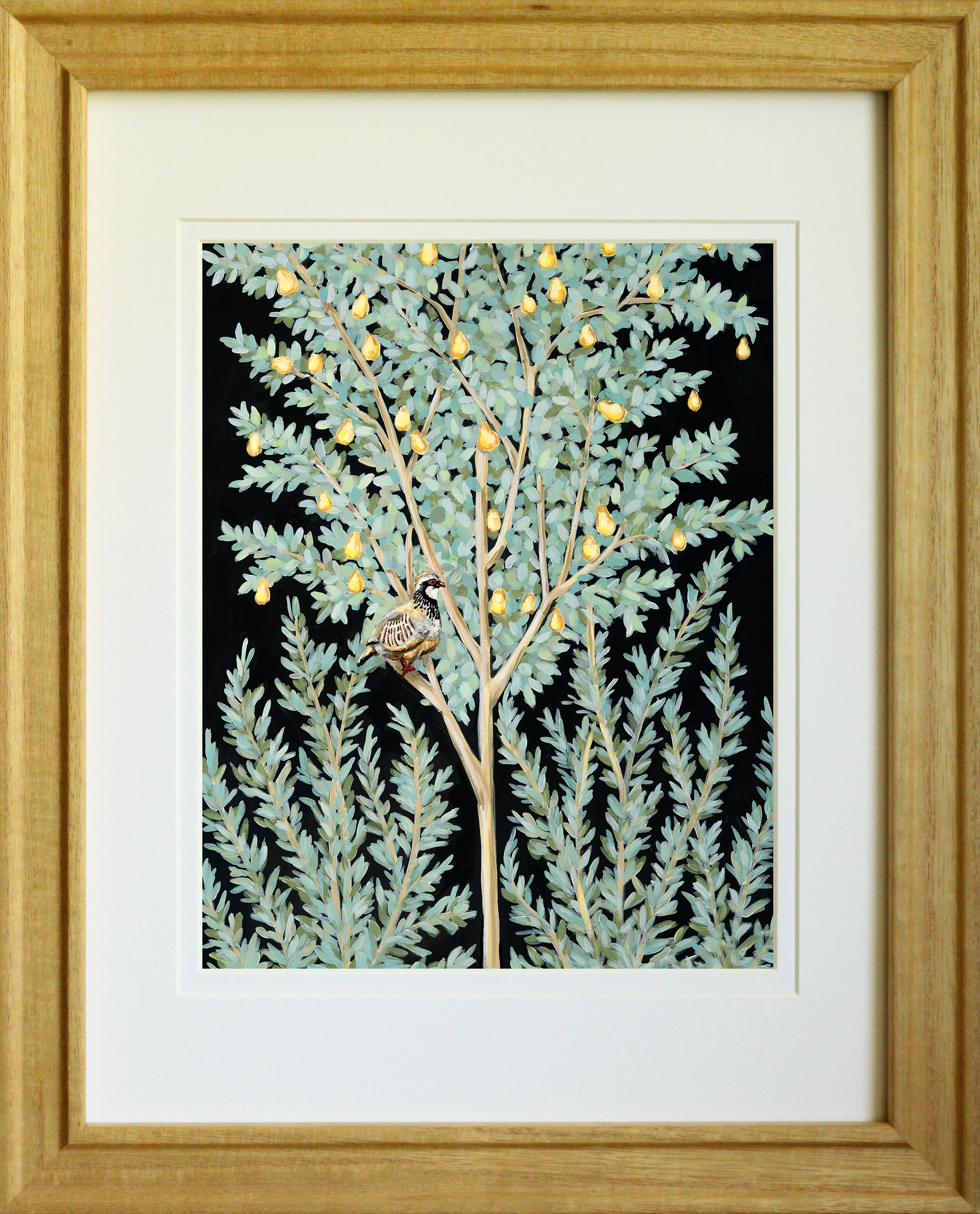 Partridge with Pears – Dark botanical canvas print featuring a partridge and yellow pears on olive branches, inspired by ancient Roman mural art.