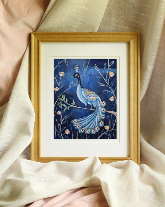 Royal Peacock – Bold royal blue bird canvas print inspired by Pompeii murals, part of a Roman antiquity bird triptych.