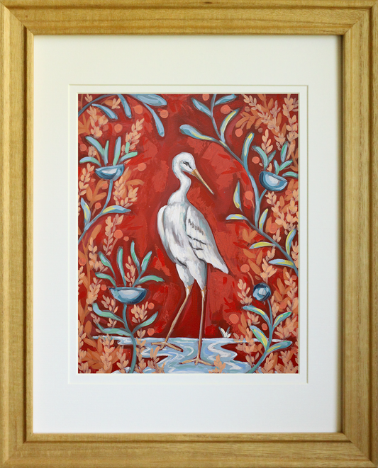 Crimson Crane – Bright red crane canvas print with blue floral borders, inspired by ancient Pompeii murals and Roman decorative art.