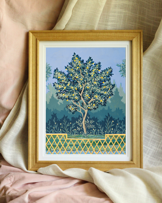 Fruit Tree with Fencing – Geometric botanical canvas print featuring a centered fruit tree and stylized Roman garden elements.