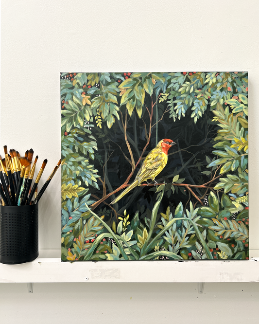 Red Headed Tanager in the Secret Garden – Original on Canvas | 20x20