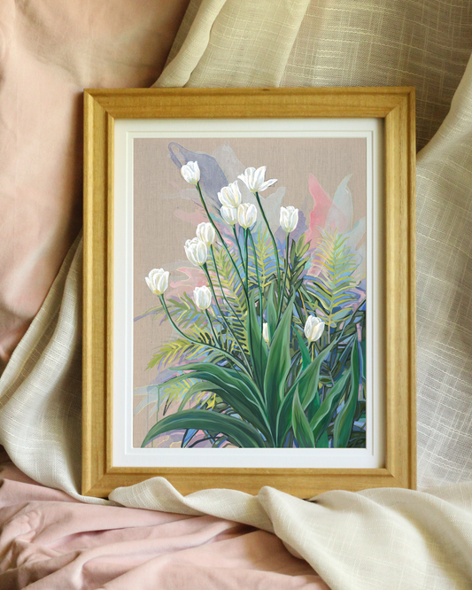 Feminine tulip floral print on linen canvas, archival quality