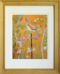 Load image into Gallery viewer, Saffron Songbird – Golden bird and floral canvas inspired by Pompeii, with a saffron yellow background and roses in the foreground.