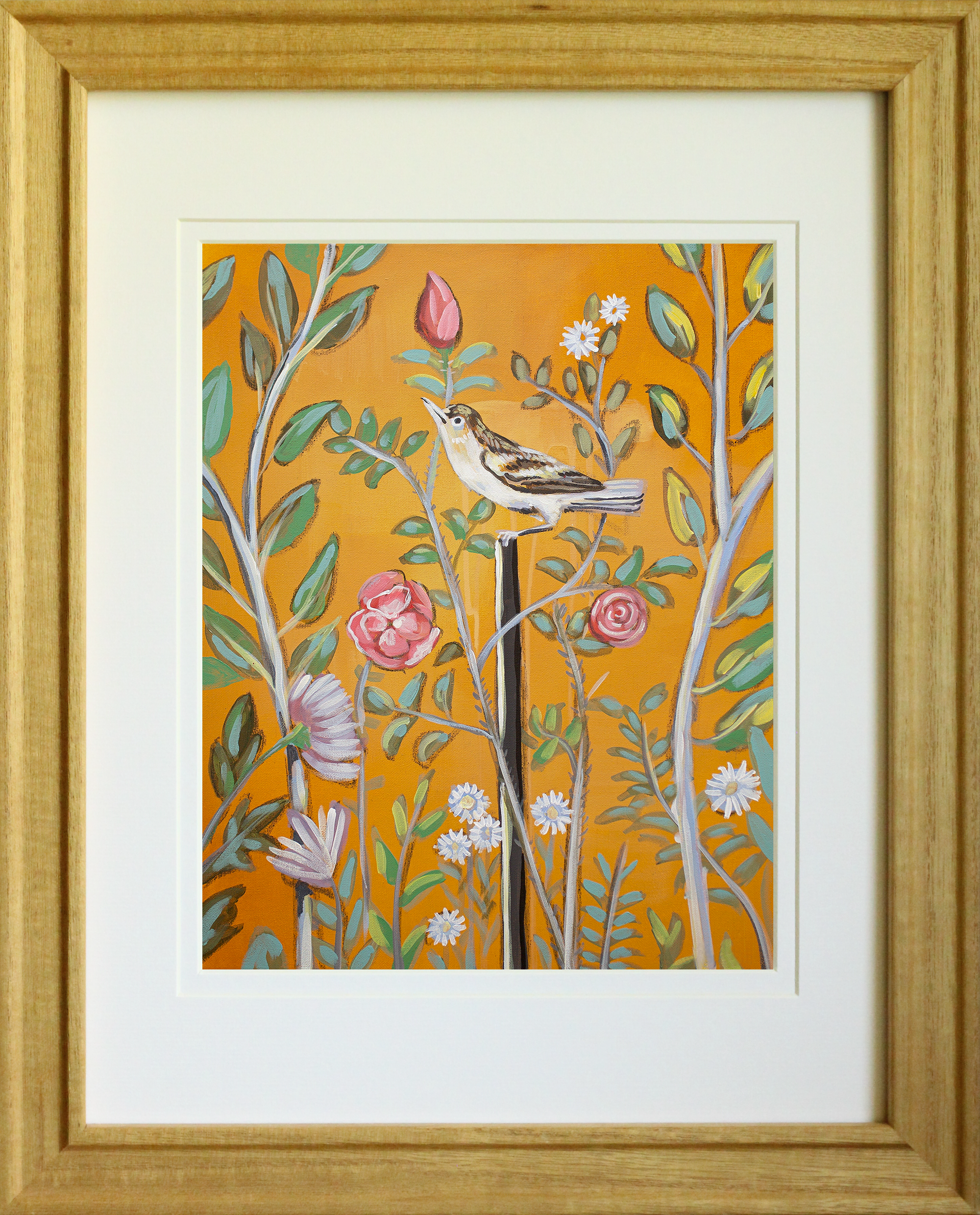 Saffron Songbird – Golden bird and floral canvas inspired by Pompeii, with a saffron yellow background and roses in the foreground.