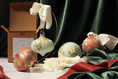 Load image into Gallery viewer, Winter Jasmine hand-painted ornament collection in Cinnamon and Frost, round and bulb shapes, with kraft gift box
