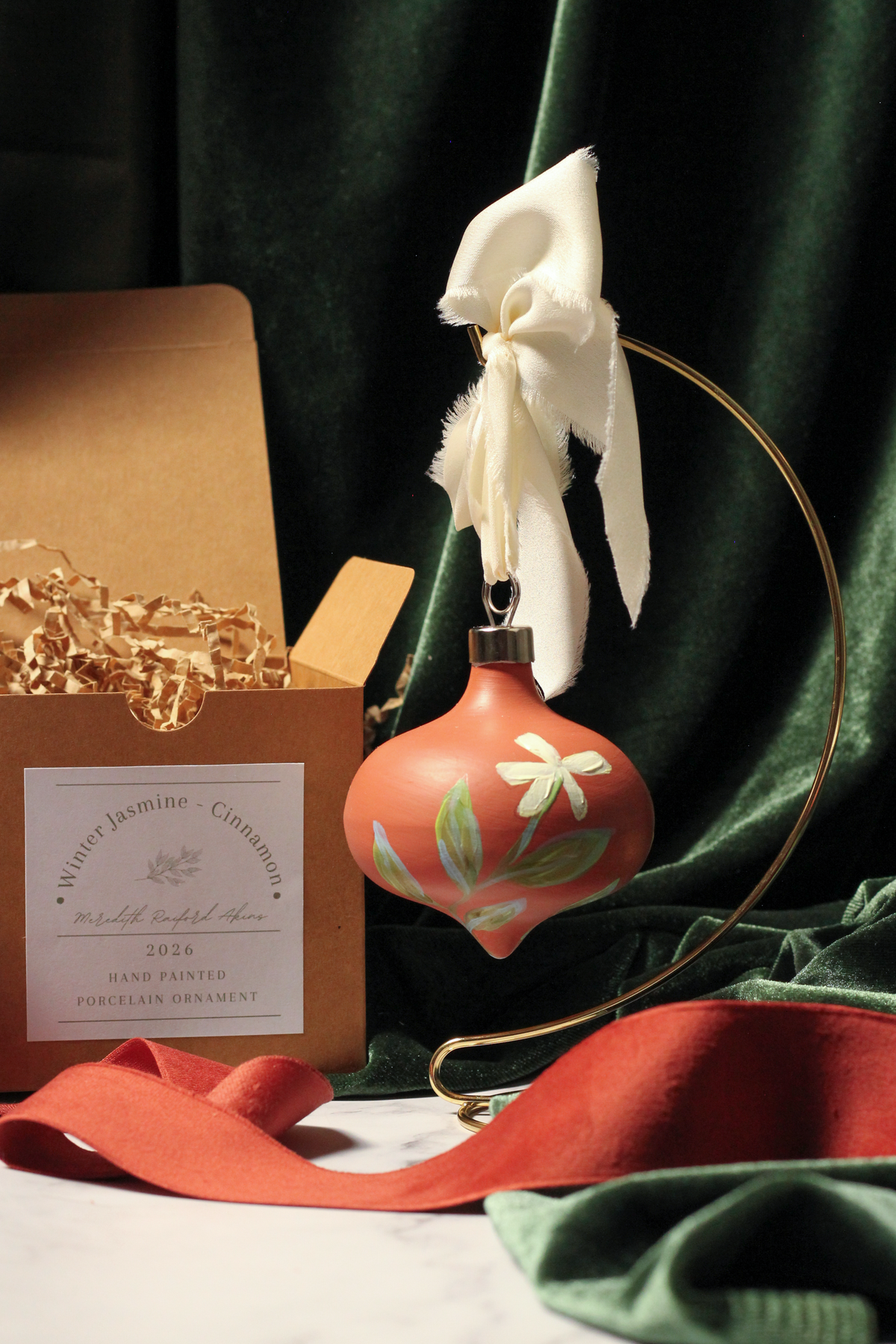 Winter Jasmine hand-painted bulb Christmas ornament in Cinnamon