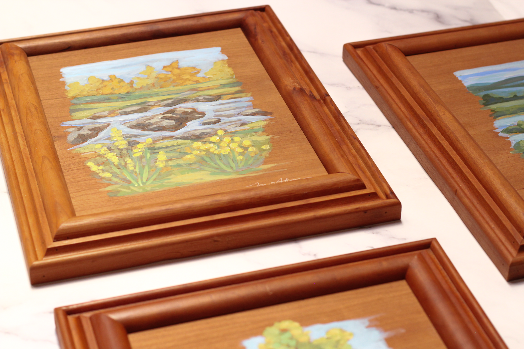 Original Blue Ridge Mountain stream landscape painting on handmade wood panel by Meredith Raiford