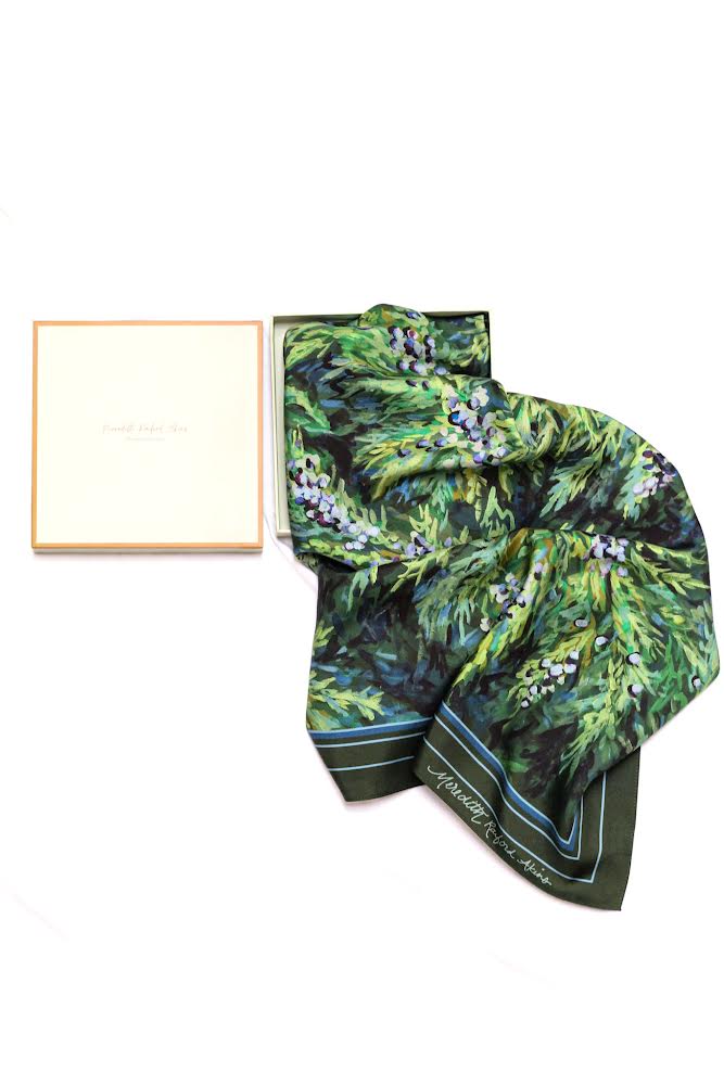 high quality silk scarf featuring winter evergreens by meredith raiford akins