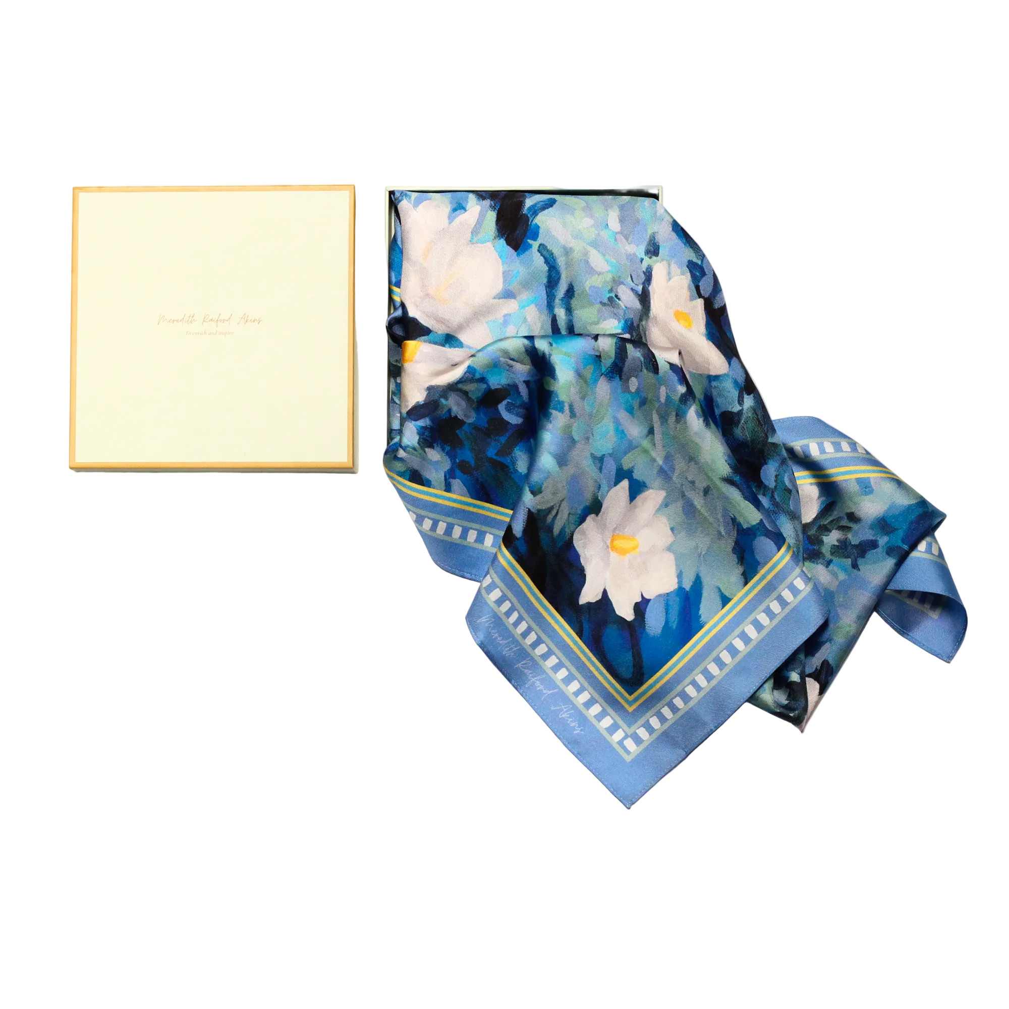 beautiful high quality silk scarf under $100  featuring gardenias on a rich blue background