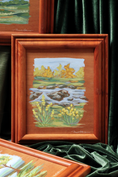 Load image into Gallery viewer, custom framed original acrylic mountain landscape painting by meredith raiford akins featuring a rocky creek with yellow flowers and fall foliage. Painterly, raw edged and unique
