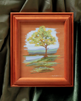 Load image into Gallery viewer, framed original acrylic painting on wood panel of a single tree in front of a pond on a rolling hill with the blue ridge mountains in the background. Painterly original with raw edges by meredith raiford akins
