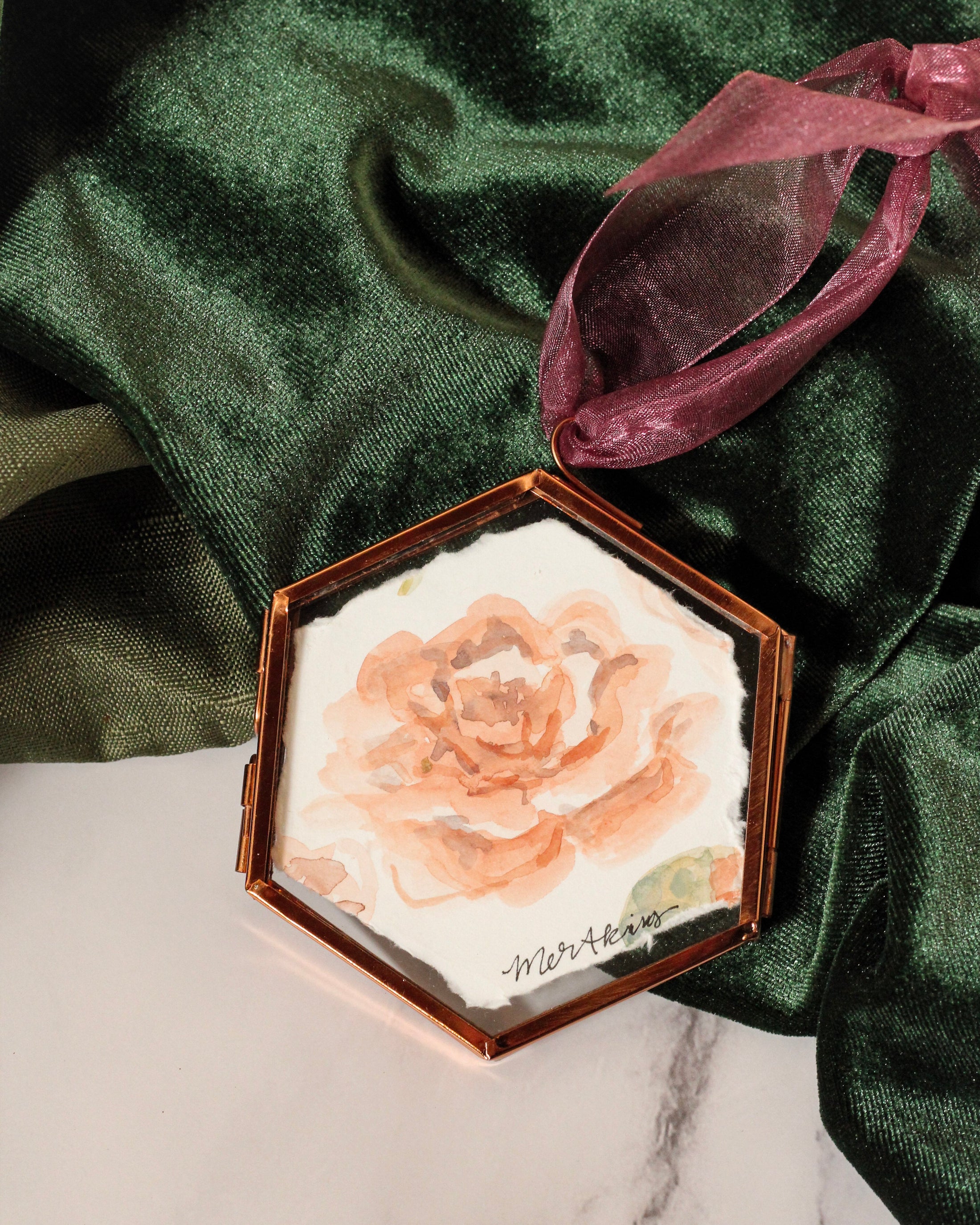 handpainted watercolor camelia ornament by meredith raiford akins