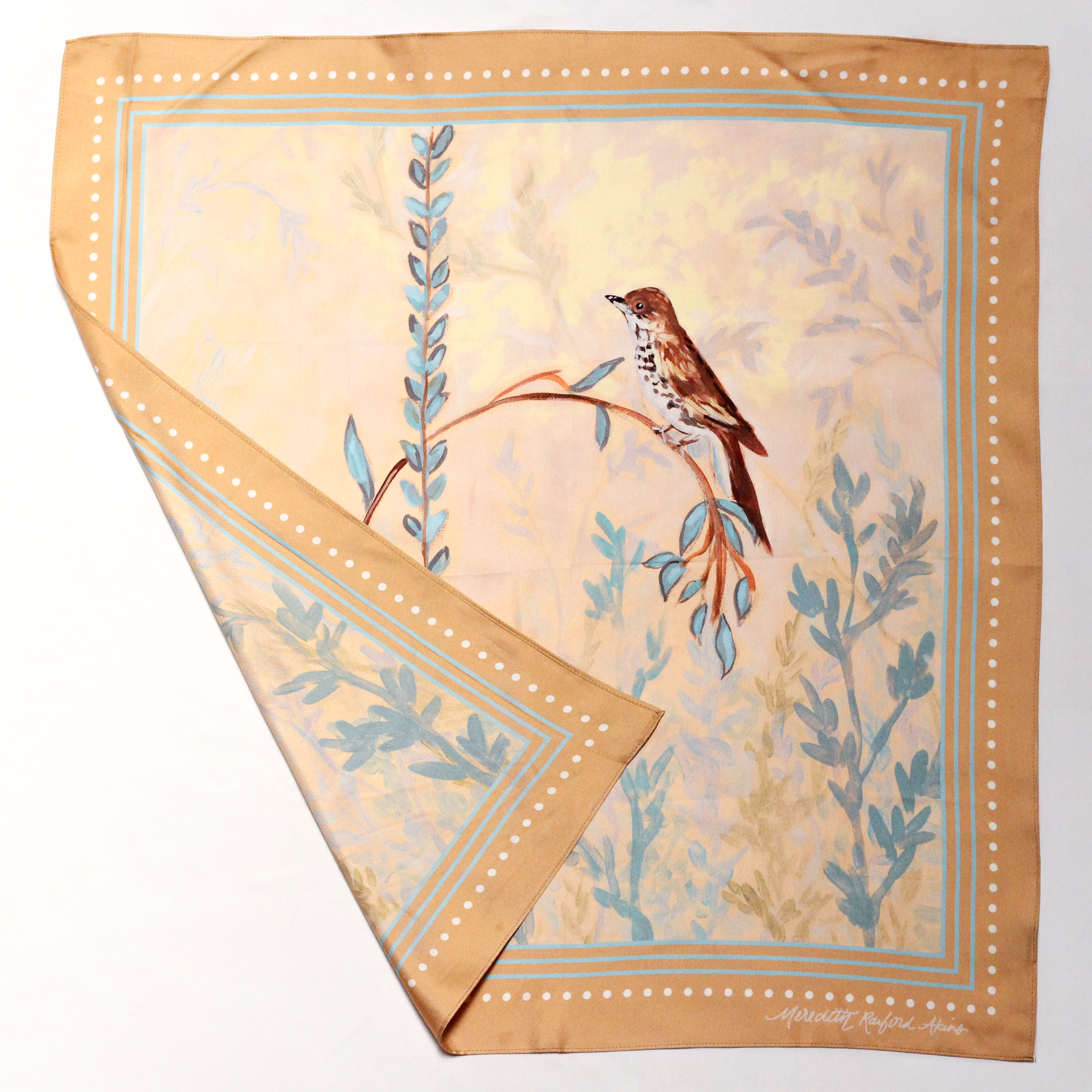 neutral silk scarf inspired by roman art featuring a song bird by meredith raiford akins 