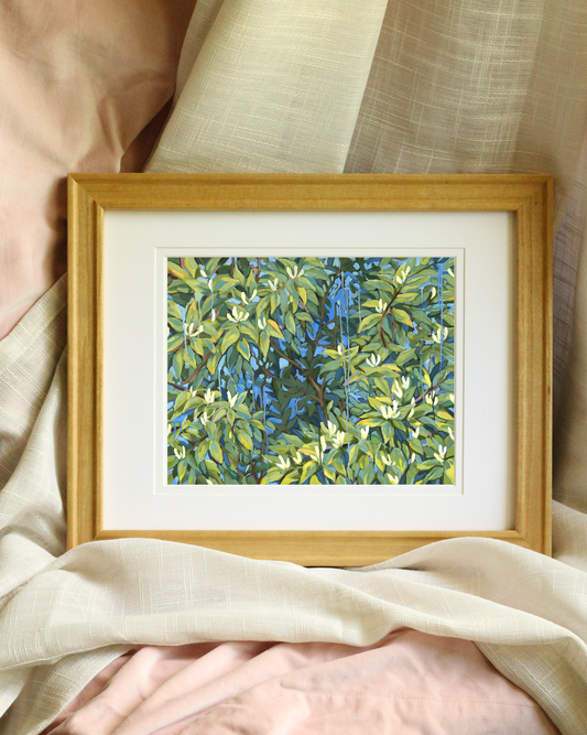 Honeysuckle botanical art print by Meredith Raiford Akins, Southern spring floral wall art with sunlit trailing blooms, vibrant canvas decor for interior designers.