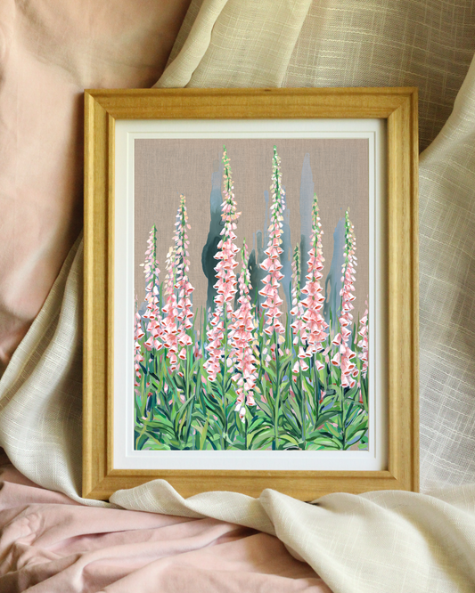 Feminine foxglove floral print on linen canvas, archival quality