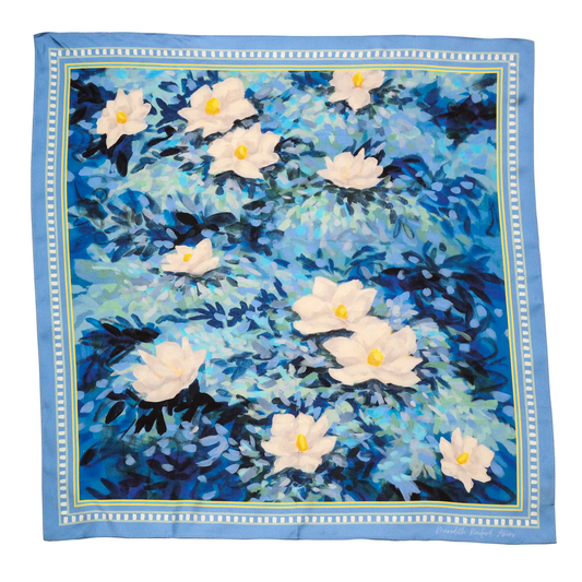 blue floral silk scarf featuring southern gardenias and whimsical folliage