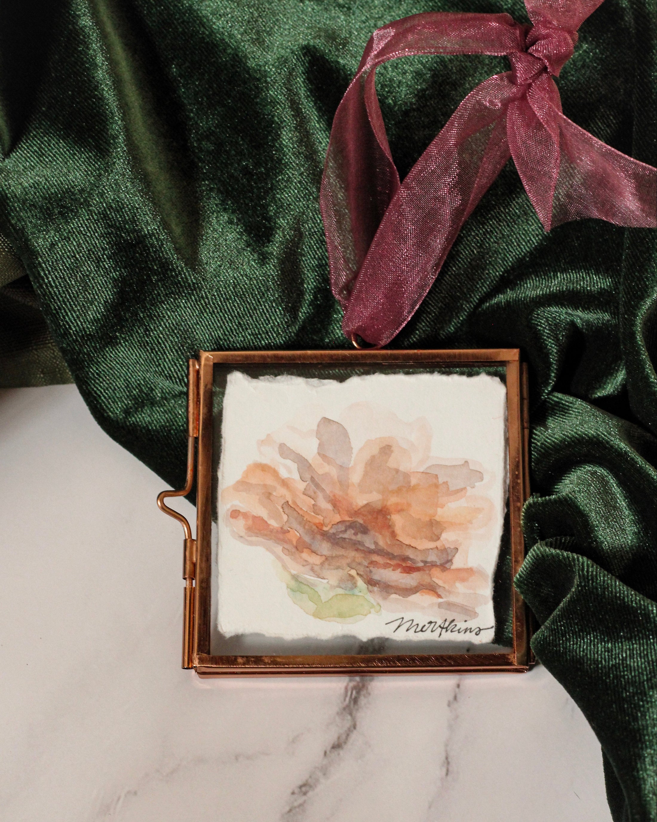 handpainted original watercolor ornamentf a camelia flower by meredith raiford akins