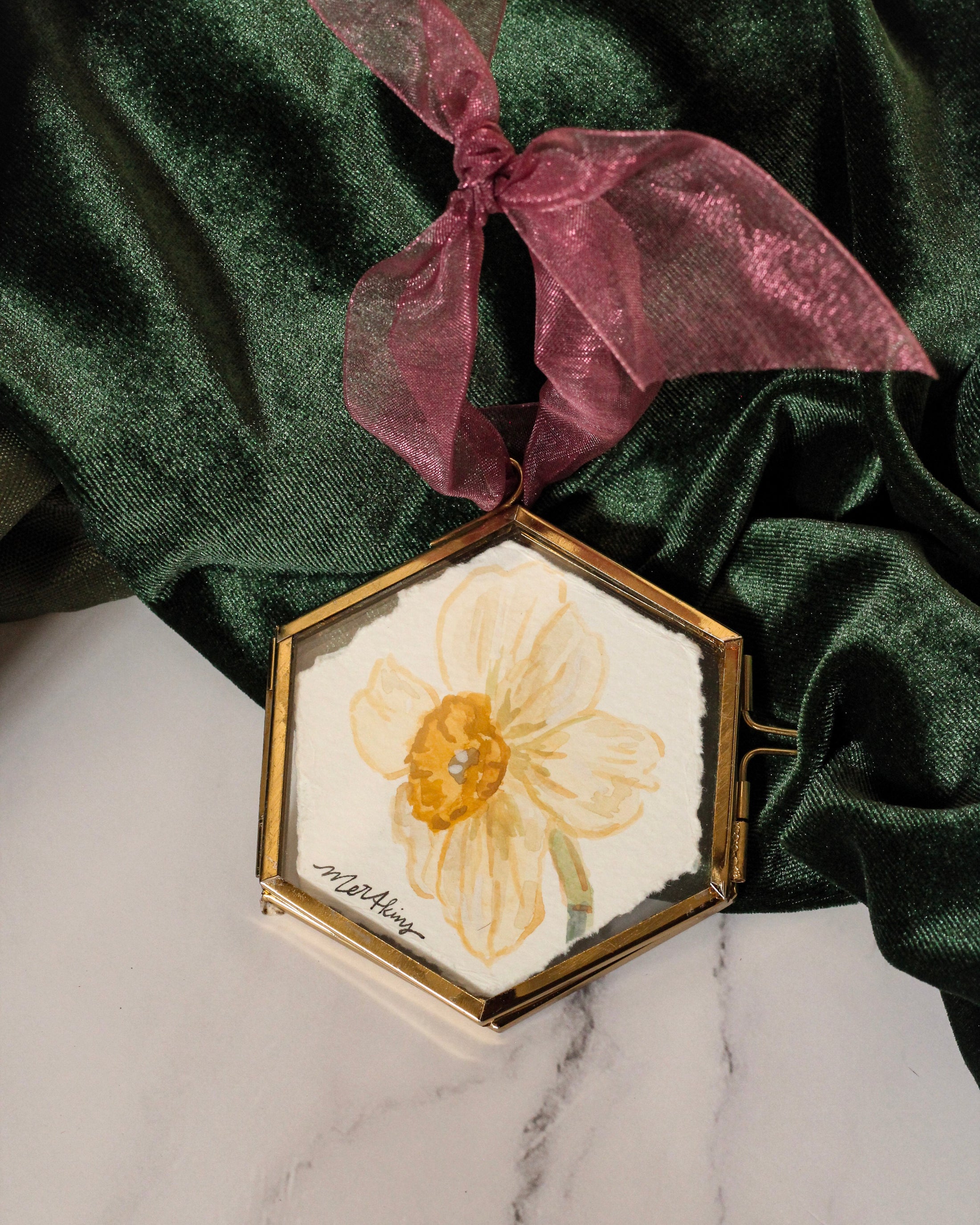 original mini watercolor ornament of a daffodil by meredith raiford akins