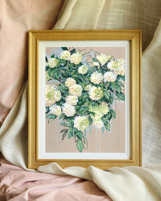 Feminine hydrangea floral print on linen canvas, archival quality