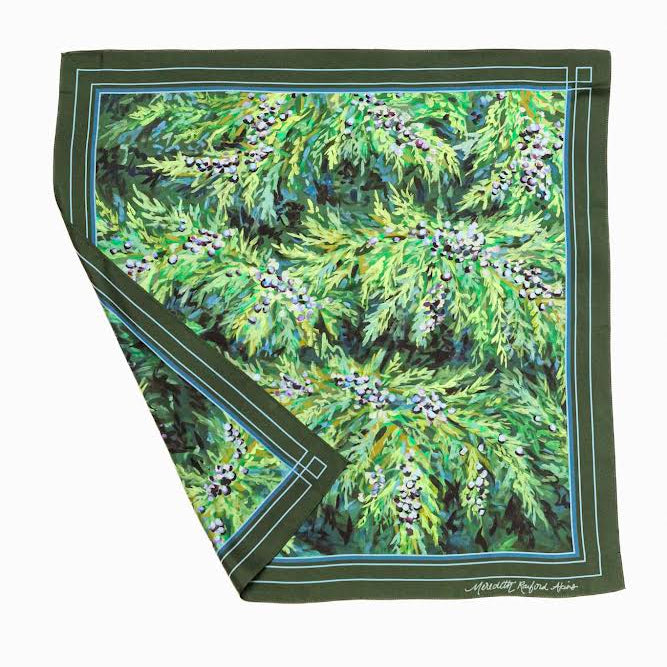 high quality silk scarf featuring winter evergreens by meredith raiford akins