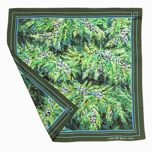 high quality silk scarf featuring winter evergreens by meredith raiford akins