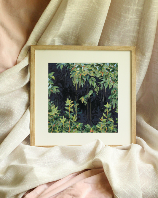 Blue Ridge Mountains creekside botanical print by Meredith Raiford Akins, plein air close-up foliage painting, organic woodland wall art for luxury interior design