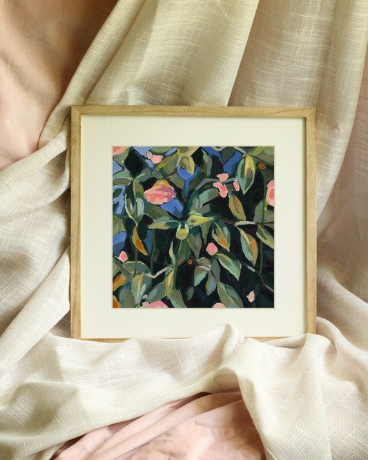 Camellia botanical art print by Meredith Raiford Akins, plein air winter floral study with loose brushwork and organic drips, modern organic wall decor for designers